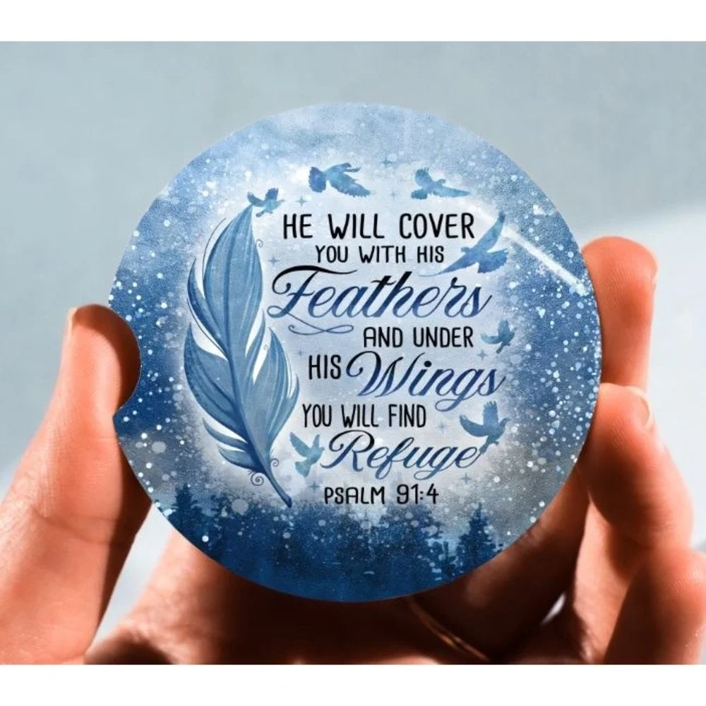 Set of 2 Car Coasters, He Will Cover You With His Feathers , Neoprene Car Coaste
