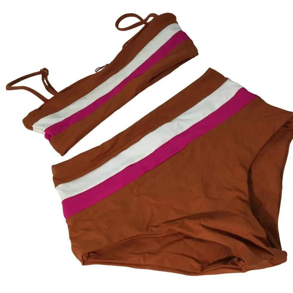L*Space Womens Rebel Stripe Amber-Bougainvillea-Cream Swim Top Bottom Size XS/S