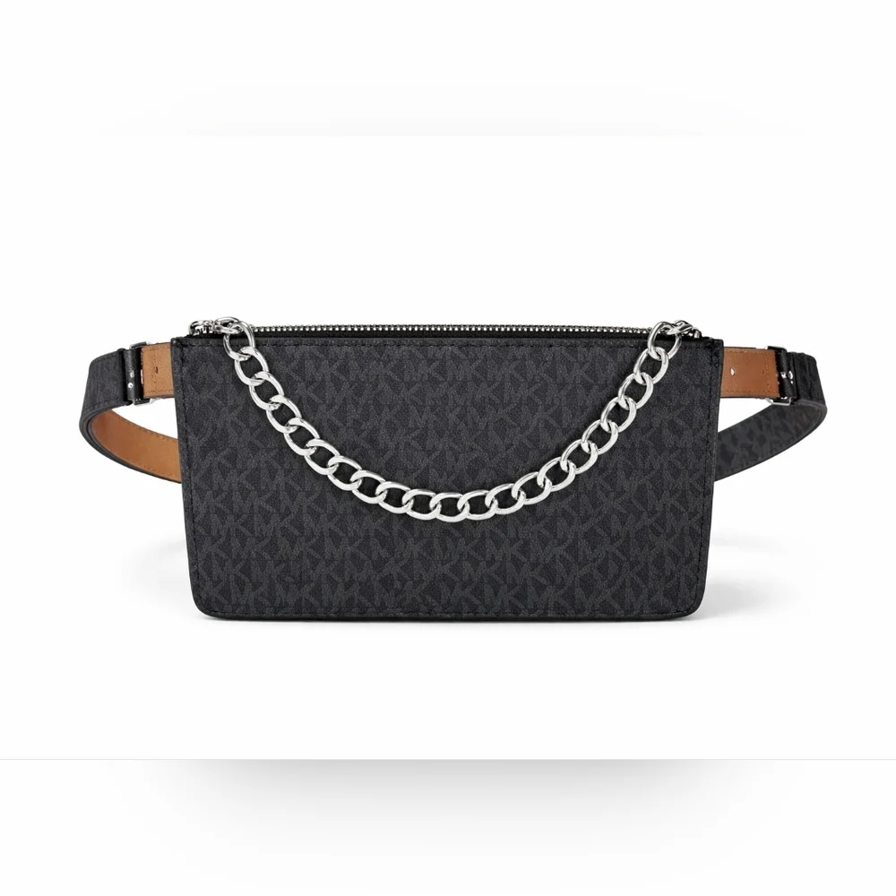 Michael Kors Black MK Logo Fanny Pack Belt Bag Chain Accent Zip Waist Crossbody.
