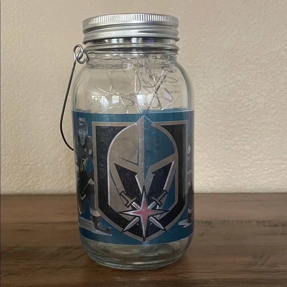Golden Knights Hockey Theme Light-Up Mason Jar with Handle