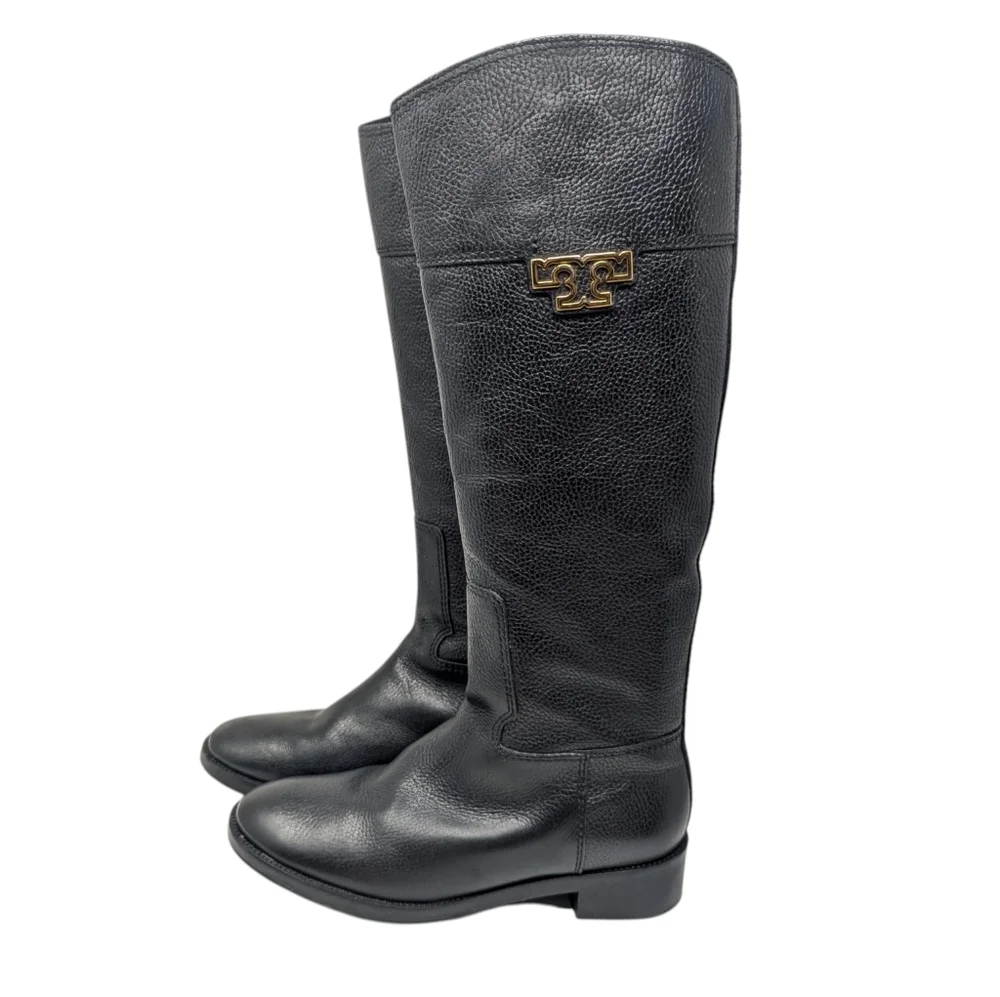 Tory Burch Joanna Tall Pebbled Leather Black Riding Boot Size 9M