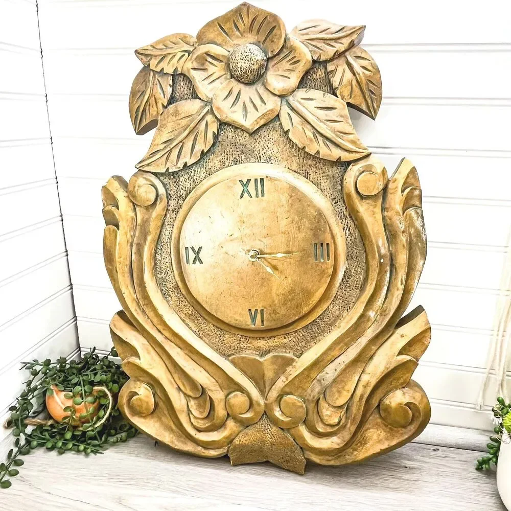 Large Gold Hand-Carved Wooden Floral Clock: Antique Wood Decor‎