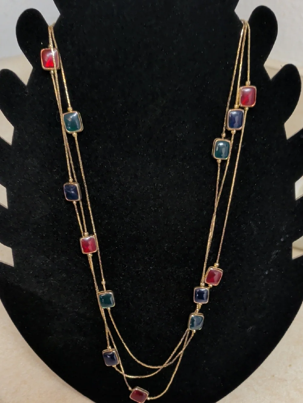 Gold Multi-Stone Long Necklace - Red, Blue & Green