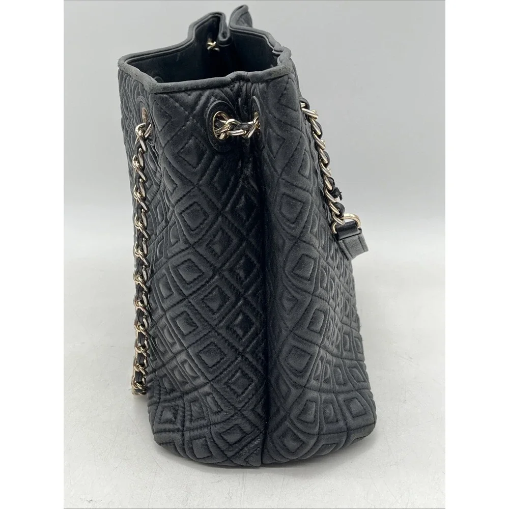 Tory Burch Marion Black Quilted Leather Tote Bag Chain Strap Large‎