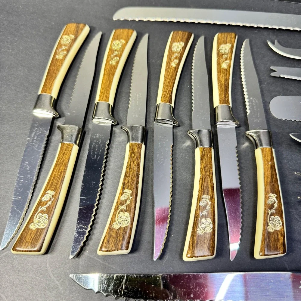 Lifetime Cutlery 15pc Knife Set Regent Sheffield Gold Rose Stainless Steel VTG‎