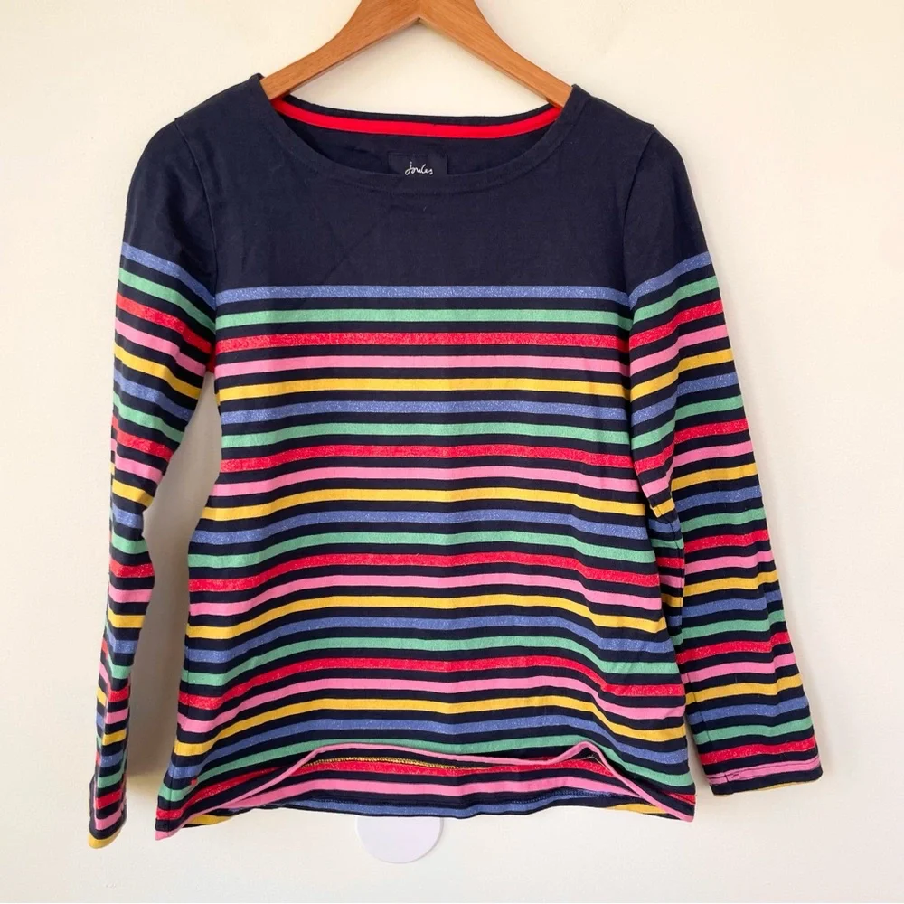 Joules Harbour Luxe Rainbow Stripe Navy Blue Cotton Blend Size 8 Long Sleeve