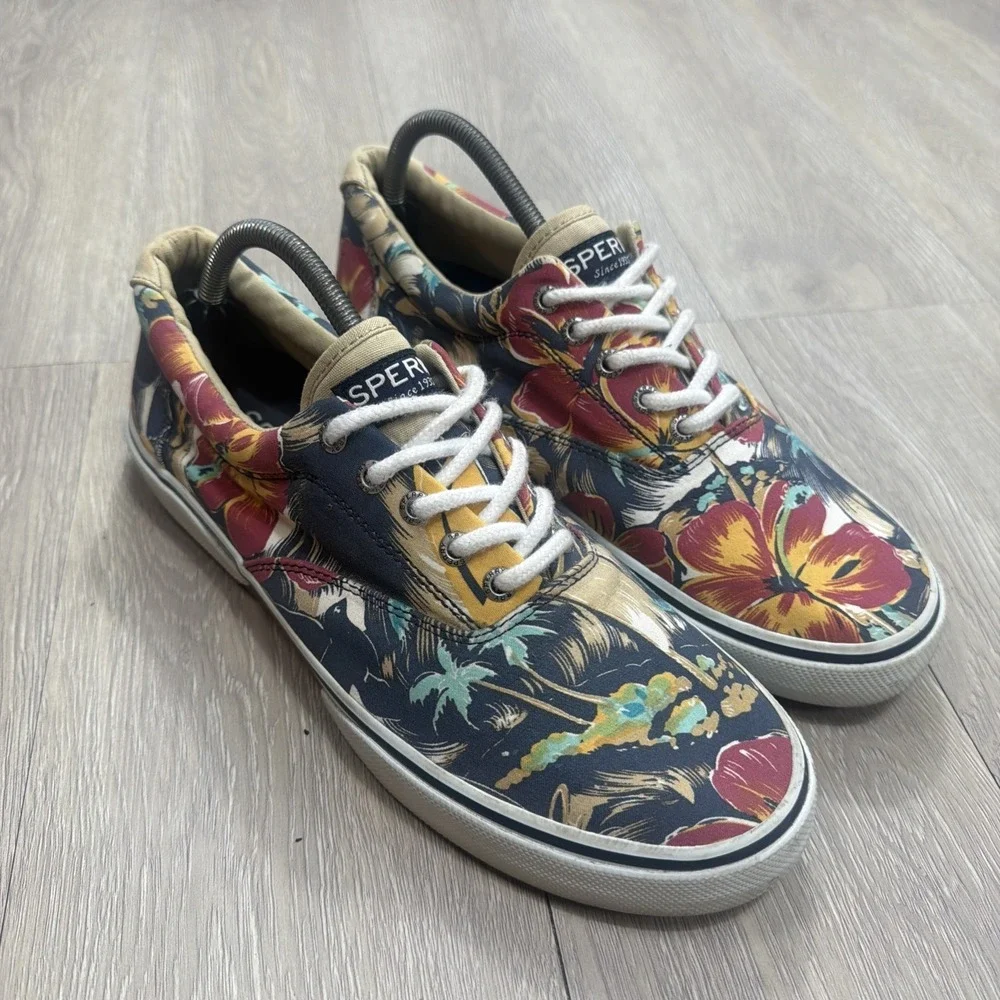 SPERRY Mens 10M Top Sider Canvas Boat Deck Shoes In Floral Print Beach Tropical