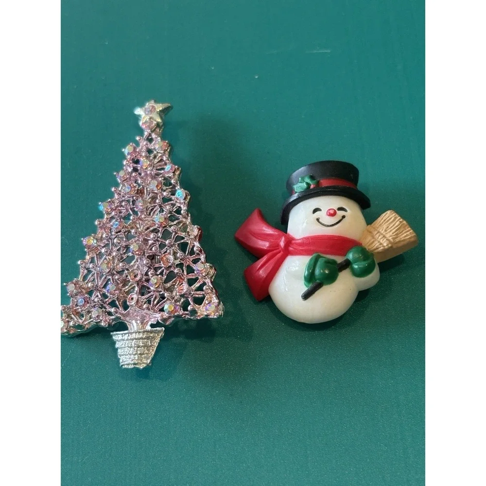 Pink Rhinestone Iridescent Christmas Tree Brooch Vintage And Cute Snowman Pin