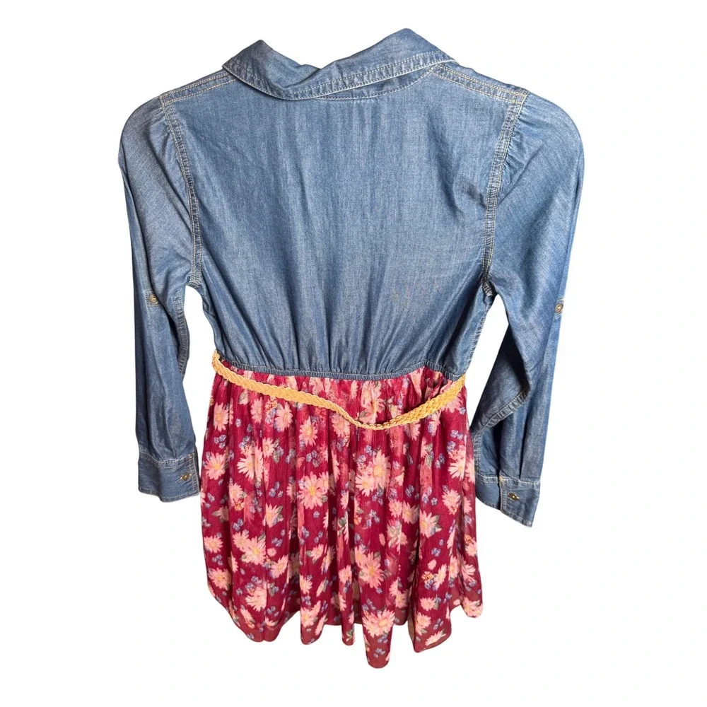 Justice Girls Denim Floral Shirt Dress With Belt Size 10 long sleeve Valentine's