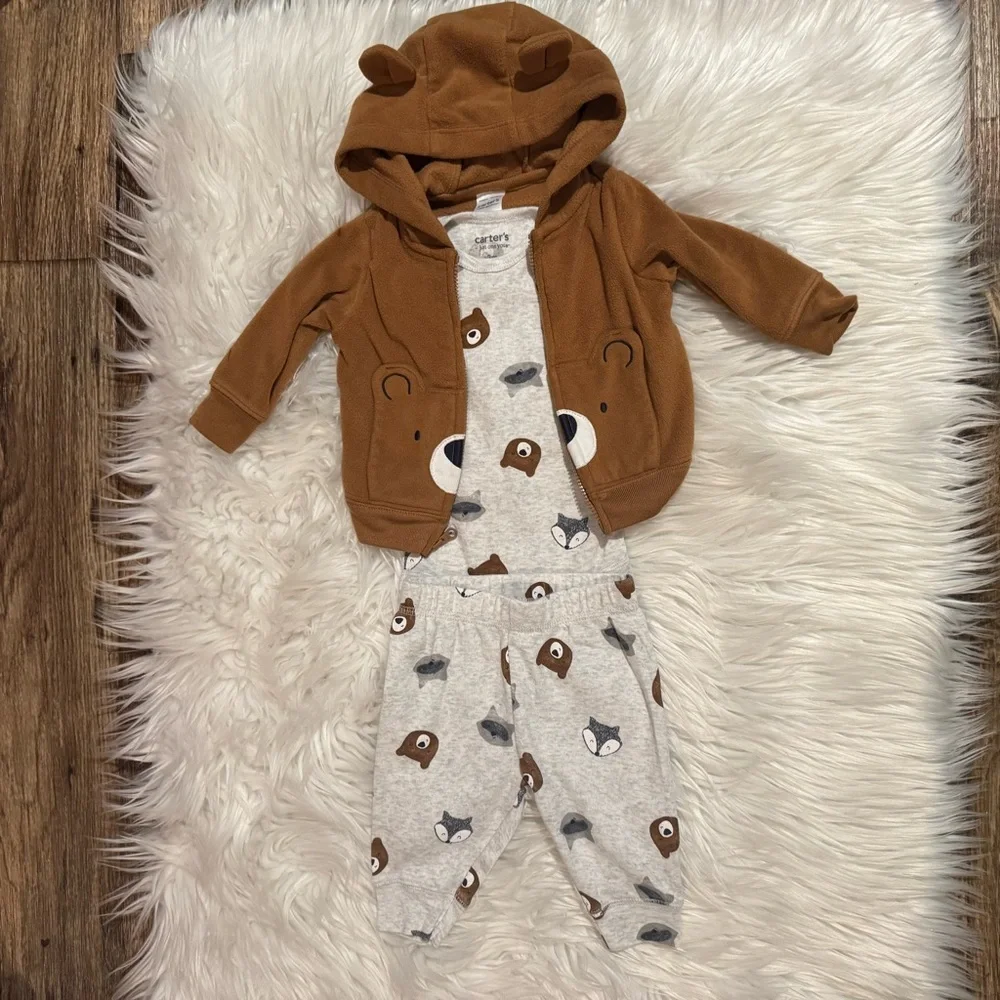 Carter’s Baby Boy 3M‎ 3 Piece Bear Fox Hoodie Bodysuit Pants Outfit Set