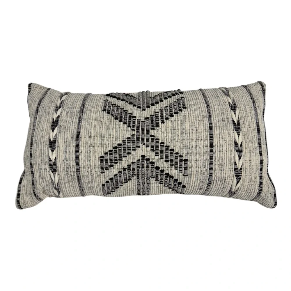 Lumbar Pillow Cover Neutral Woven Textured Black Geometric Accent 14x28‎ WPP5