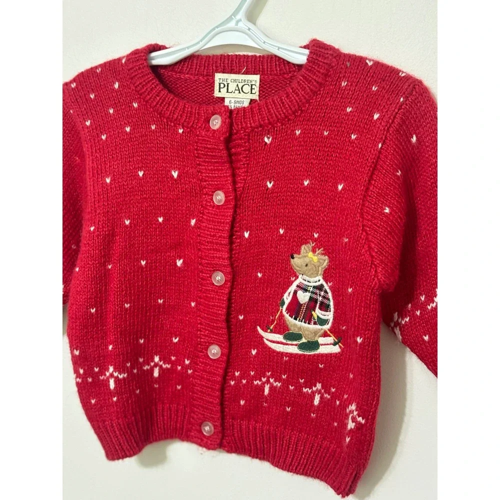 Children's Place Holiday Cardigan Bear Skiing Knit‎ Sweater Red 6-9 Months