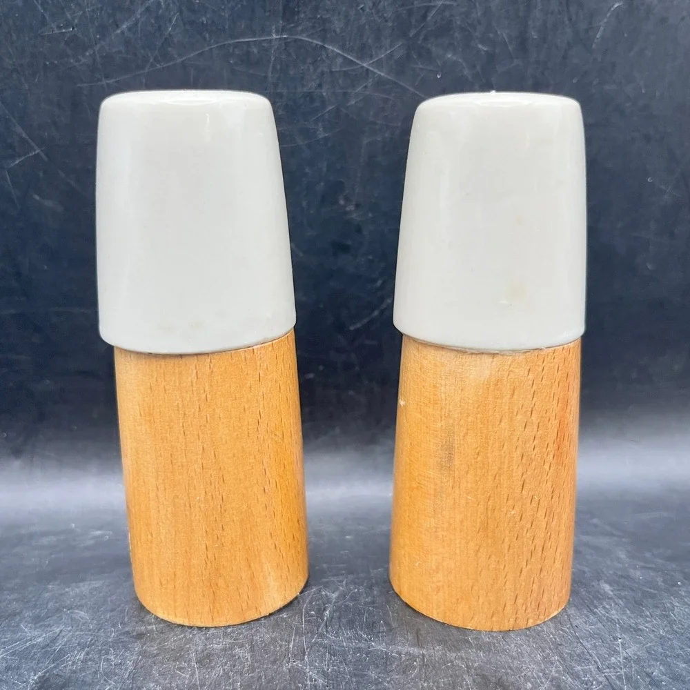 VTG MCM Wood Salt & Pepper Shakers Ceramic Tops 3.5