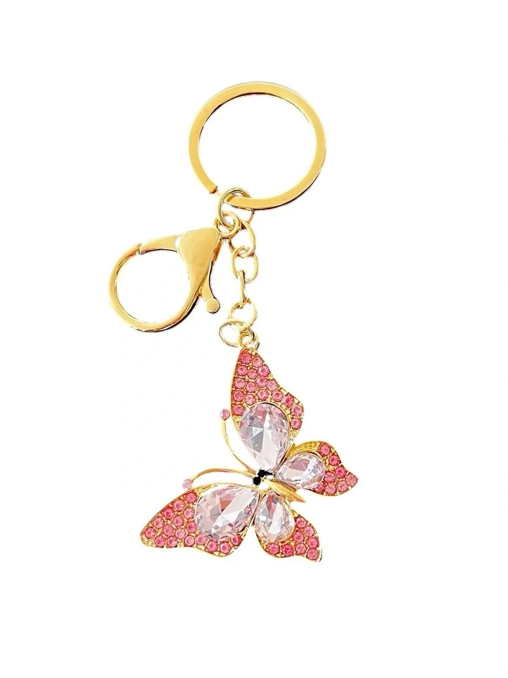 Light Pink Allover Rhinestone Gold Monarch Butterfly 2” Keychain Bag Purse Charm