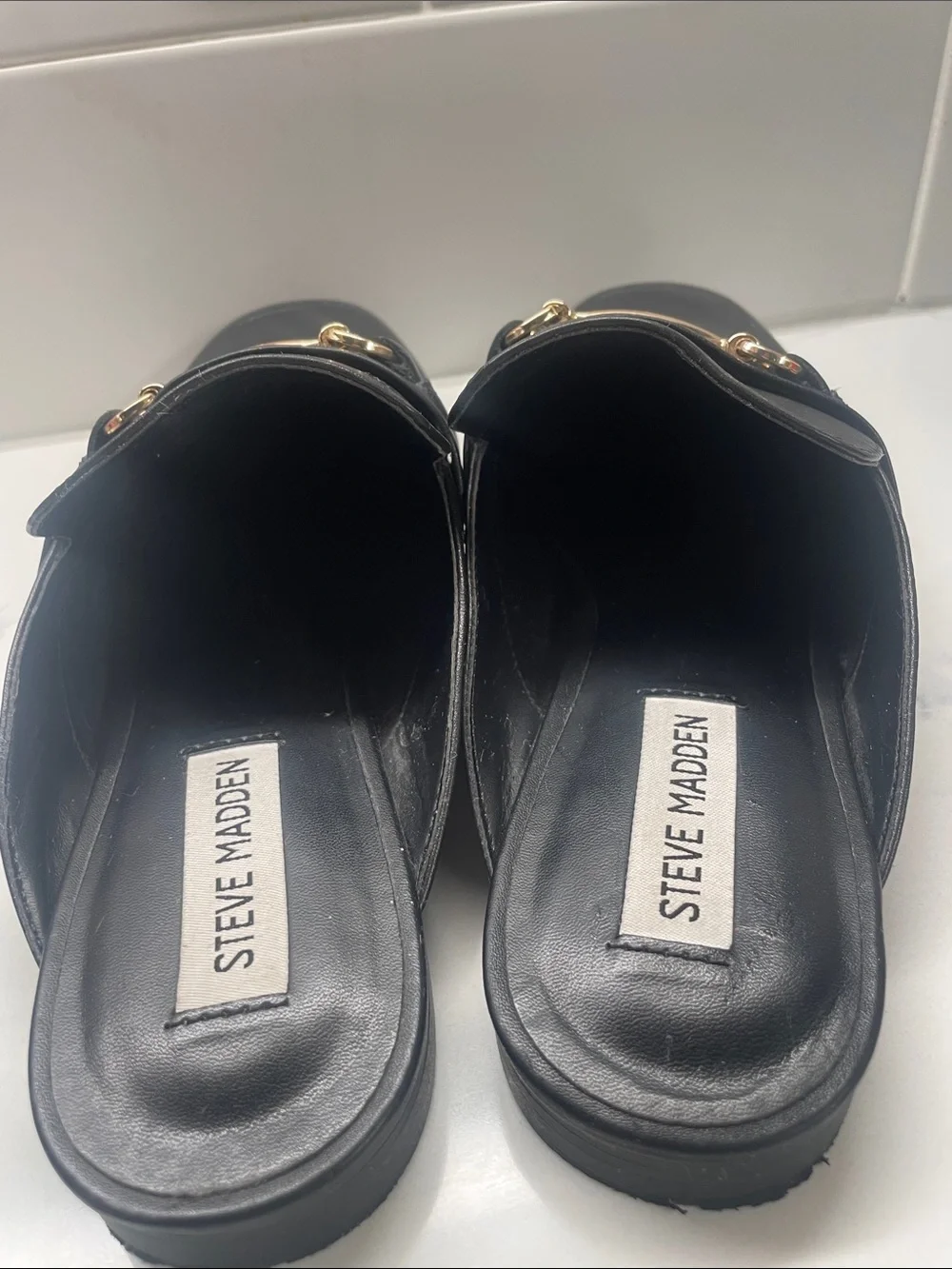 Steve Madden Black Leather Flat Loafer Slides with Gold Hardware