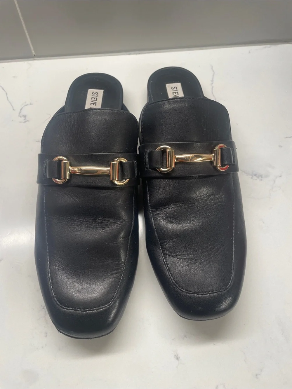 Steve Madden Black Leather Flat Loafer Slides with Gold Hardware