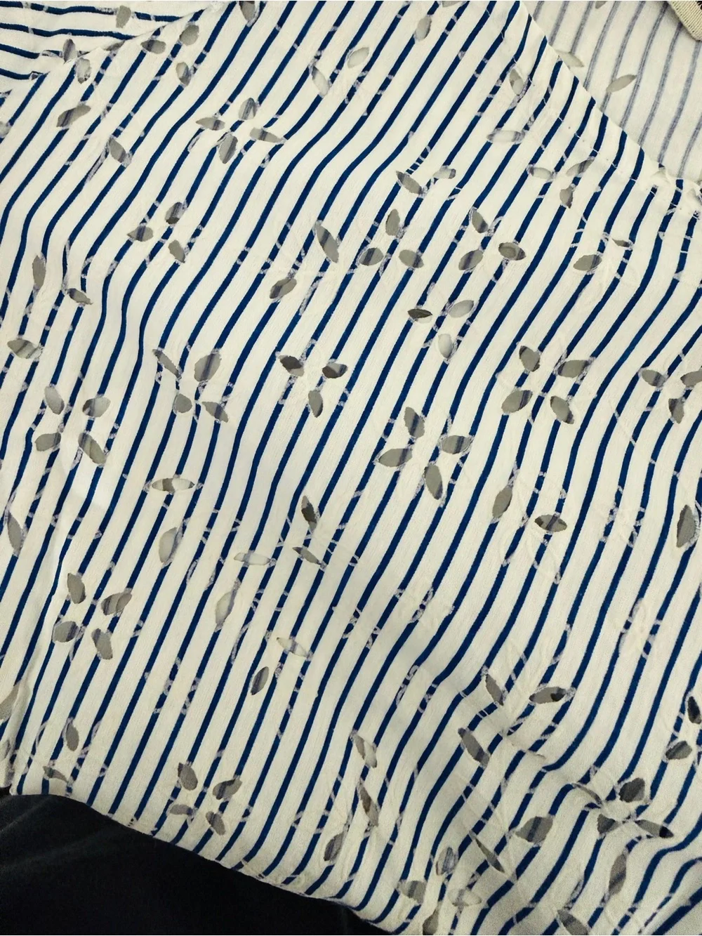 Zara Women's Navy & White Eyelet Striped Ruffled Neck Blouse Size M