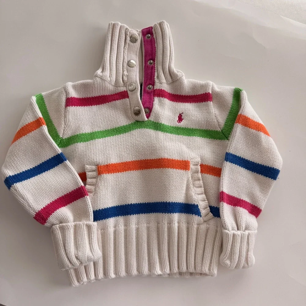 VTG Ralph Lauren 2T Multi Color Stripe Cotton Knit Snap Mock Neck Sweater Preppy