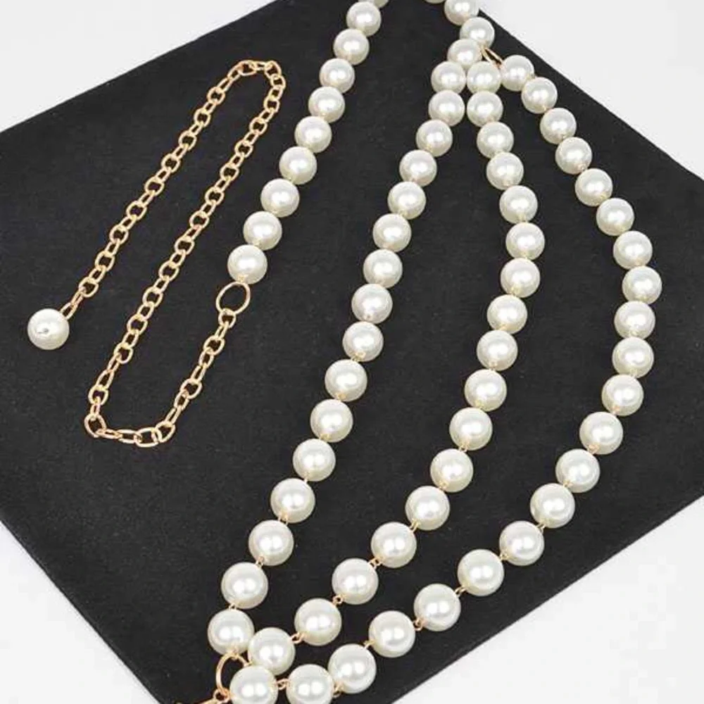 Gold Metal & Pearl Layer Statement Adjustable Chain Belt