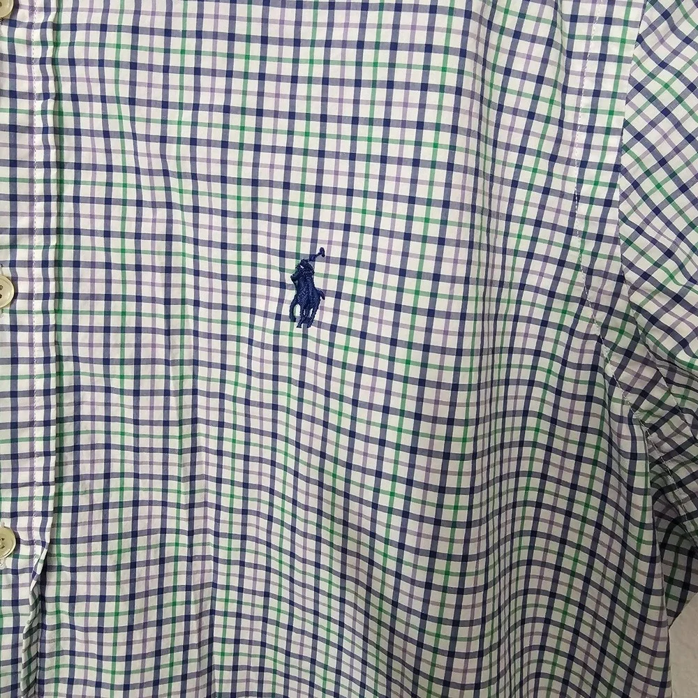 Ralph Lauren Men's Short Sleeve Green Blue and White Plaid Polo Size Medium