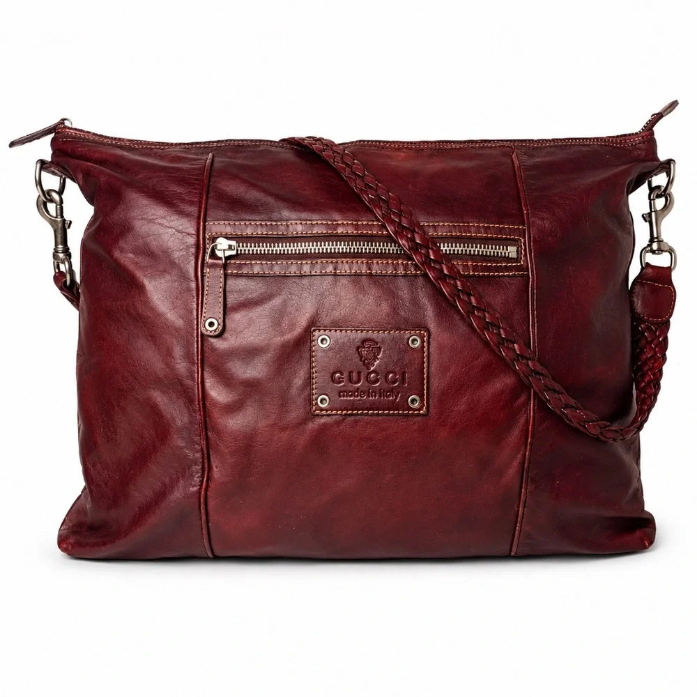 GUCCI Supreme Wine Leather Oversized Messenger Top Zip Bag With: DUST BAG