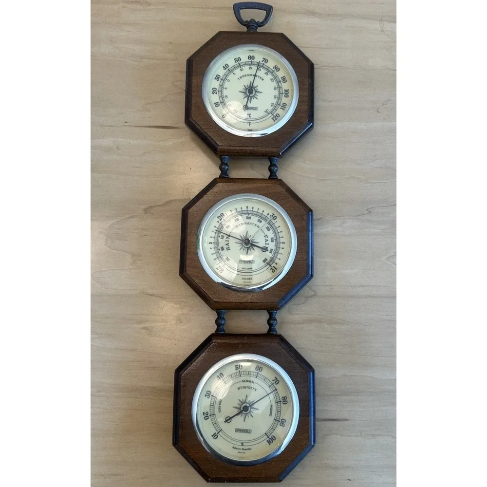Vintage Springfield Weather Station Barometer Thermometer Hygrometer Wood‎ USA