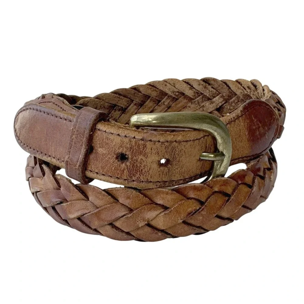 Brighton Well worn braided raised Brown Leather Belt Brass Buckle Size‎ 34