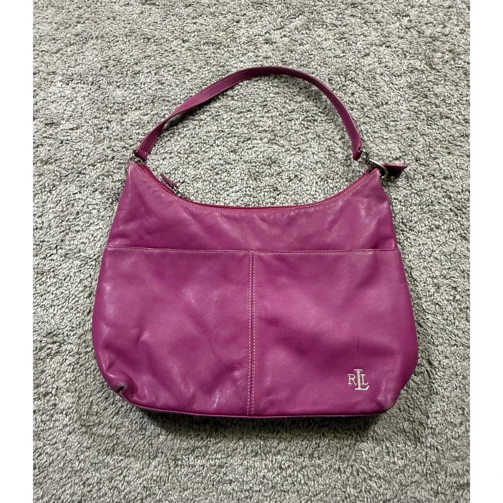 Lauren Ralph Lauren Fuchsia Leather Hobo Shoulder Handbag Barbie Y2K Party Rich‎