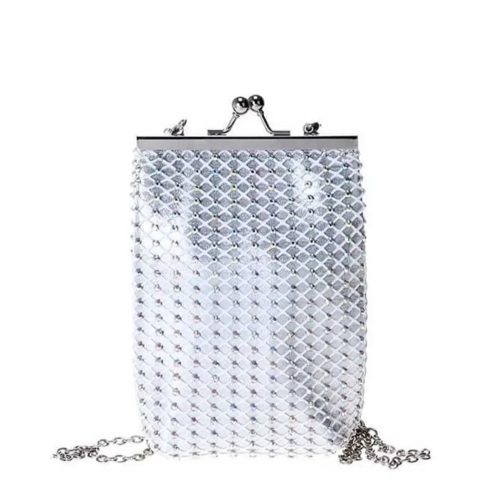 Women Kiss Lock Framed Silver Rhinestone Textured Design Crossbody Handbag