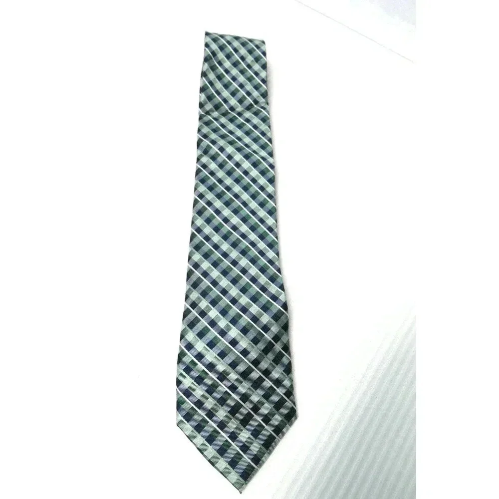 STAFFORD Tailored Cultured Men's Tie Green Blue White Diagonal Plaid Checks