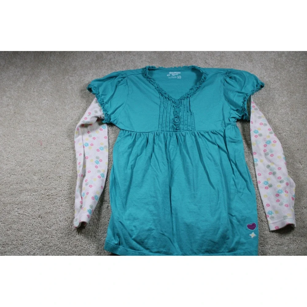 OshKosh Shirt Girls Size 10 Blue Layered Long‎ Sleeve Floral Heart Graphic Top