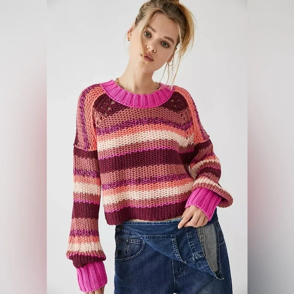 Free People Devon Striped Cropped Sweater Pink cotton blend size large