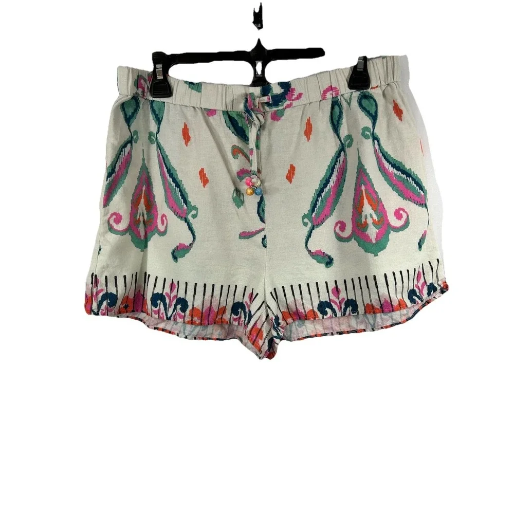 Zara Printed Linen-Blend Shorts‎ XL Boho Paisley Beaded Tassel Summer Festival