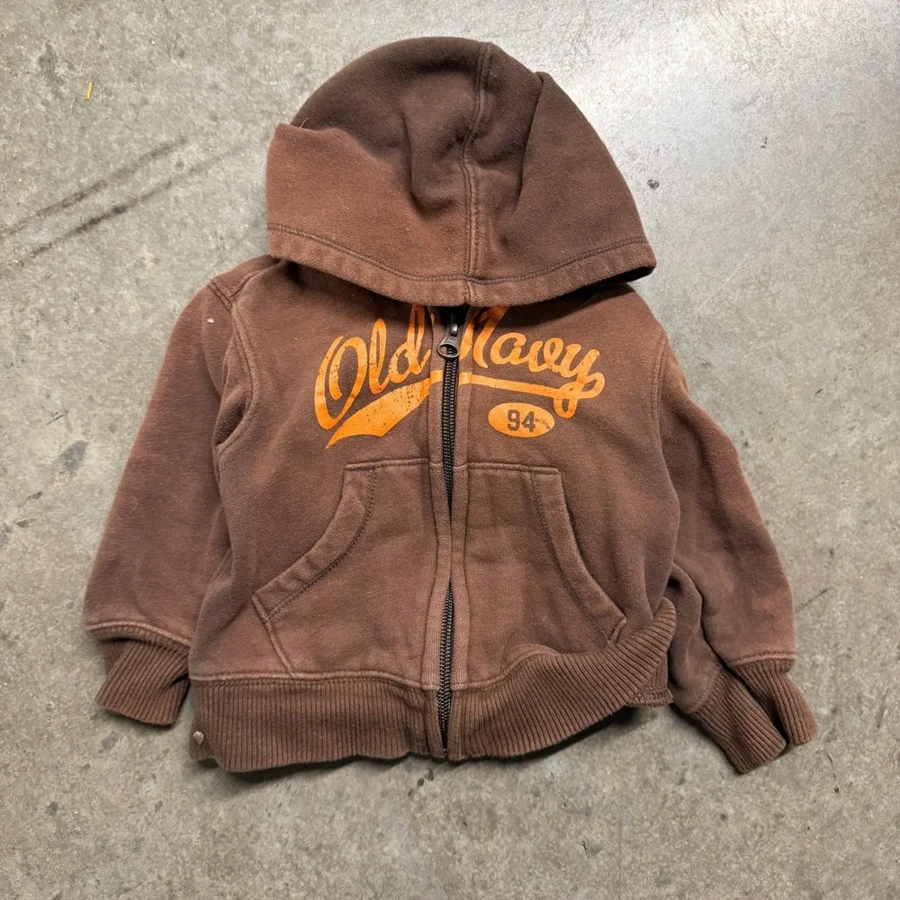 Old Navy Boys Brown Orange Logo Zip Up Hoodie Sweatshirt 12-18 Months