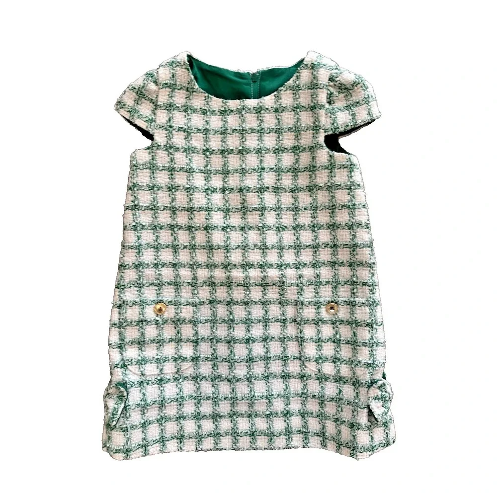 Lilly Pulitzer Girls Shift Dress Fiddle leaf Green Windowpane Tweed Sz 3