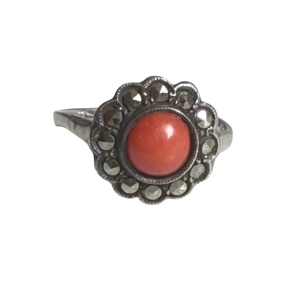 Vintage 835 Silver Red Coral Marcasite Scalloped Halo DO NOT BUY