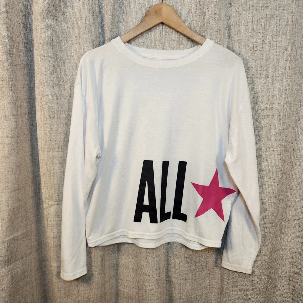 Converse Long Sleeve Shirt Youth Girls XL White/Pink Cropped Loose Logo‎ Skater