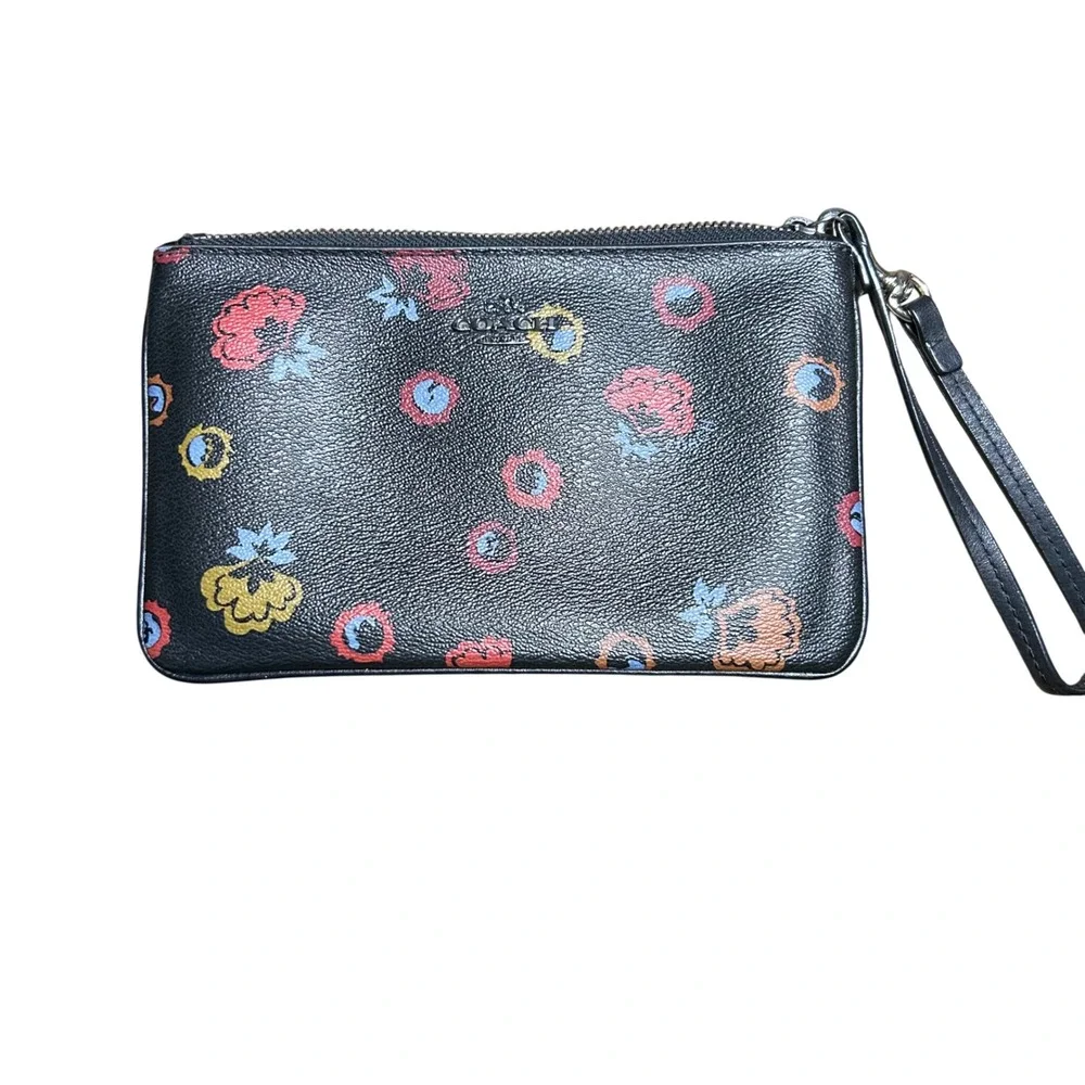 Coach Primrose Floral Print Black‎ Pebbled Leather Wristlet Wallet