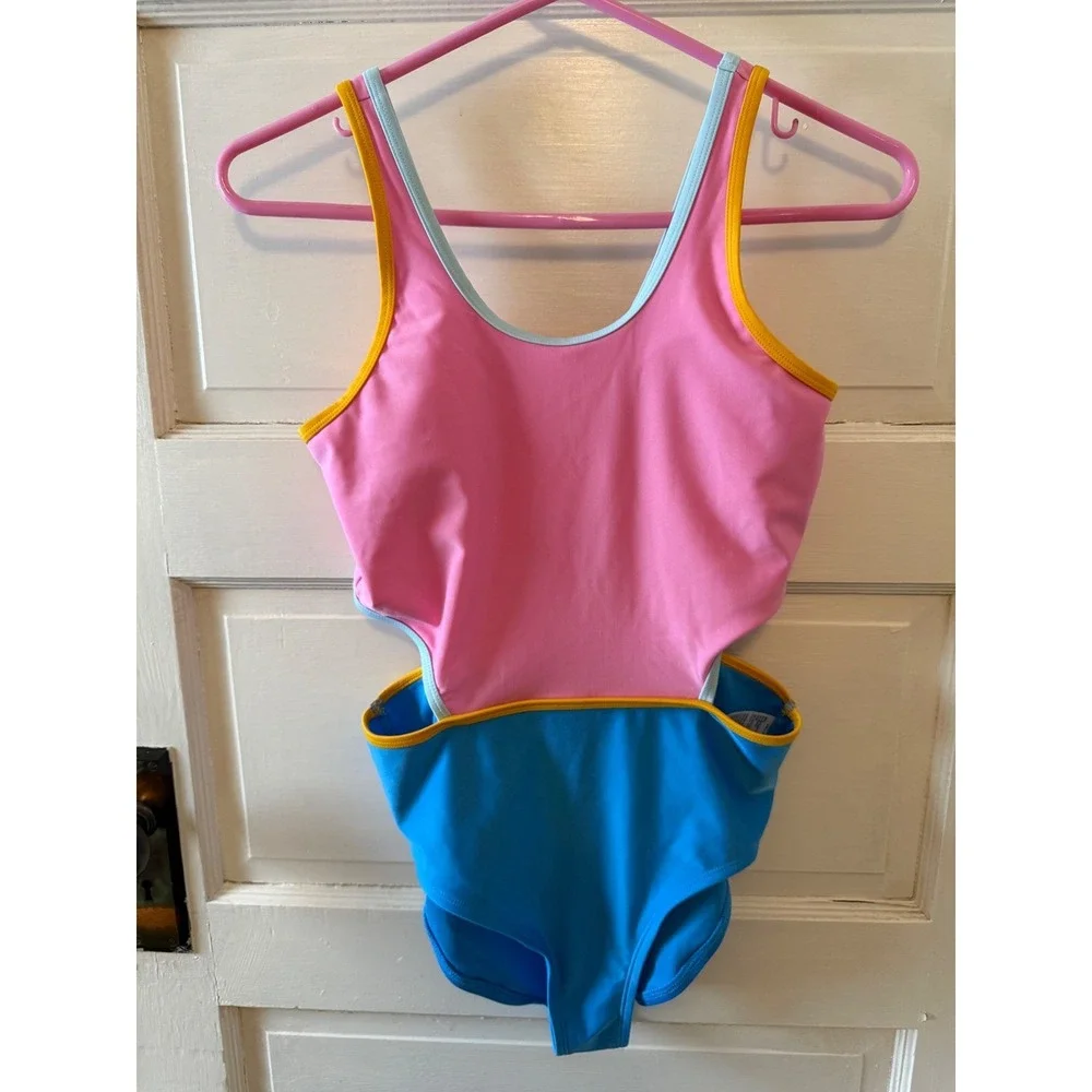 DSG Kids Colorblock Cutout One Piece Swimsuit‎ Pink Blue Yellow Size XL