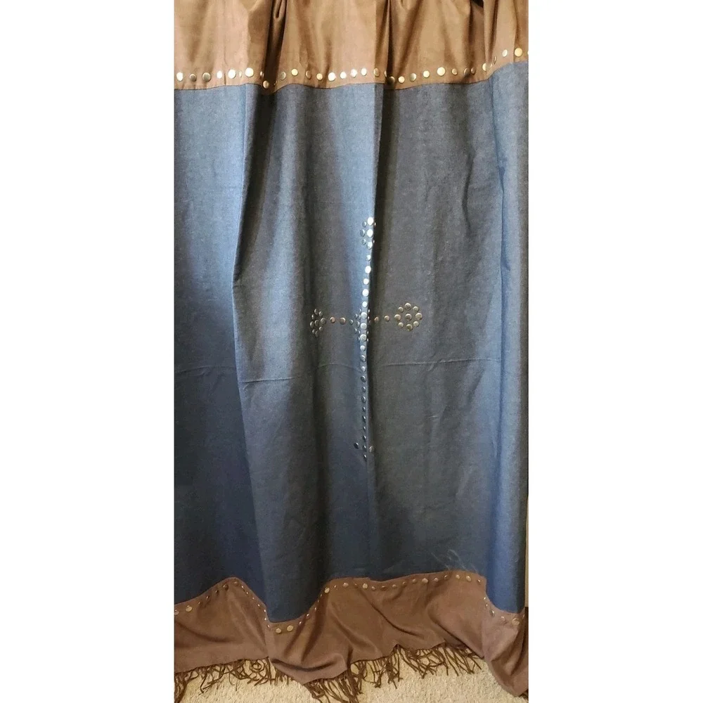 Denim Blue & Brown Faux Suede Western Curtain Studded By Triple Creek‎ 69.5x73