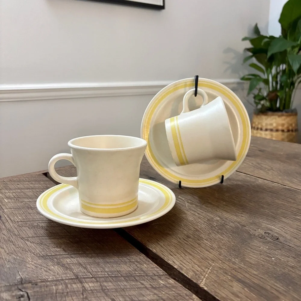 Vintage USA Cream Yellow‎ Banded Coffee Cup & Saucer Set MCM