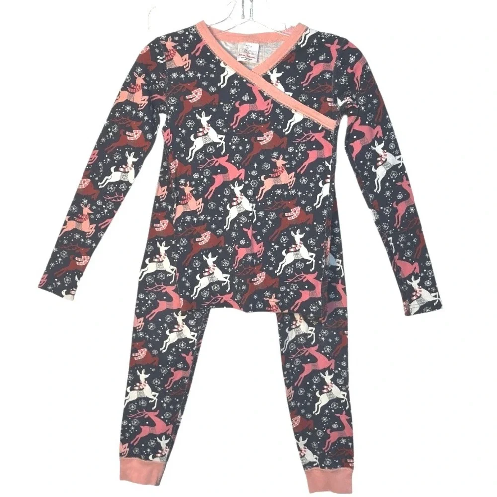 Hanna‎ Anderson Organic Cotton Kids Pajamas Set Reindeer Print Blue Pink Size 12