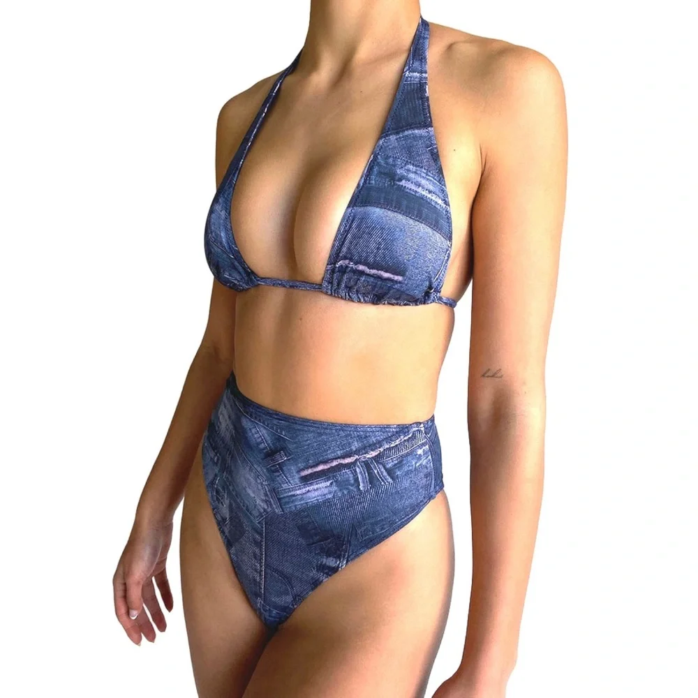 Frankies Bikini Halter Top and High Waist Bottom Set NWT