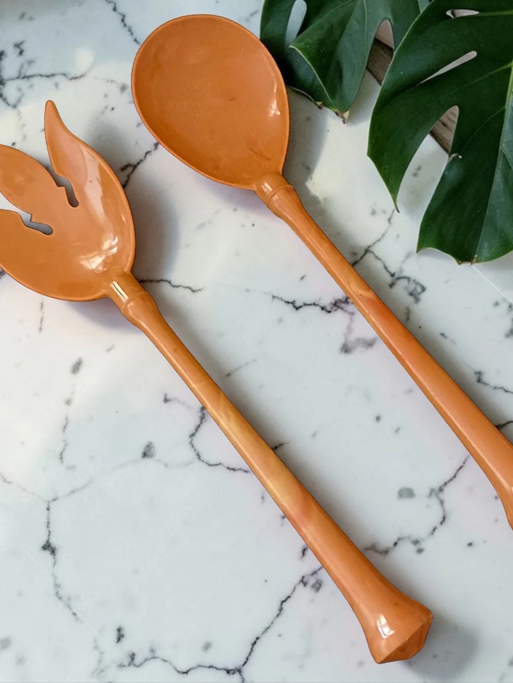 Vintage Melamine Salad Servers Fork Spoon Butterscotch Swirl Harvest‎ Gold MCM
