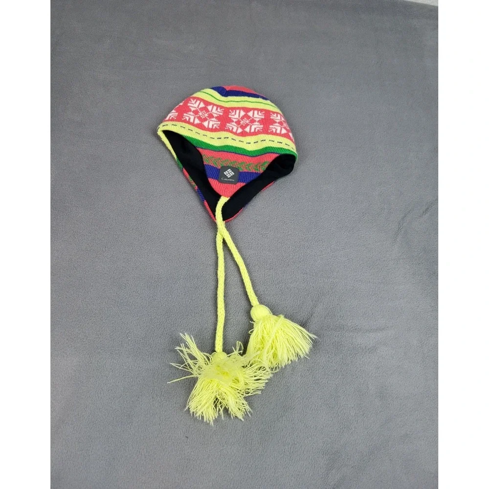 Columbia Knit Beanie Youth One Size‎ Red Earflap Nordic Snowflake Omni Heat Cap