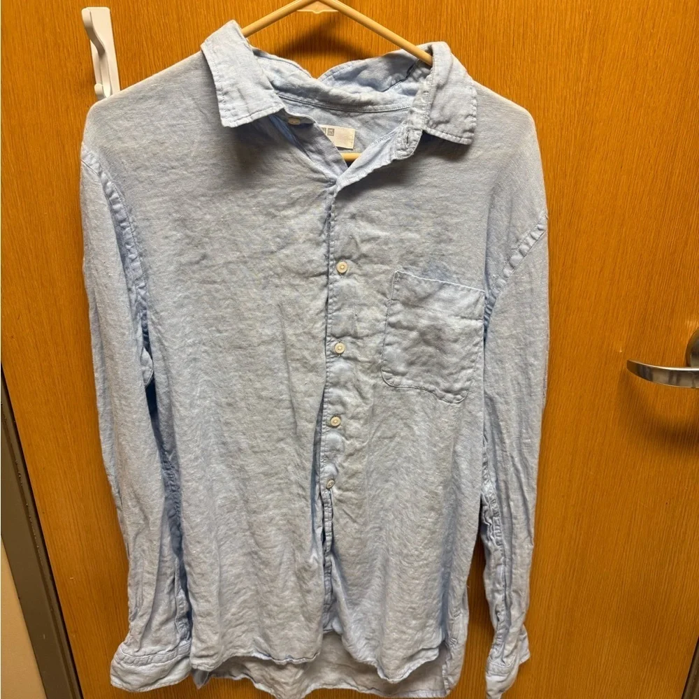 UNIQLO 100% Linen Light Blue Button Down Long Sleeve Shirt W/Front Pocket Sz L