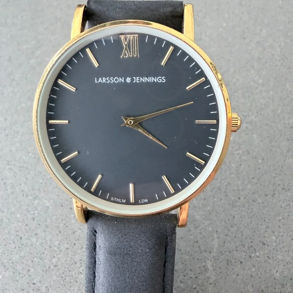 Larsson & Jennings Swiss Made Gold Black Leather Watch 5ATM needs battery