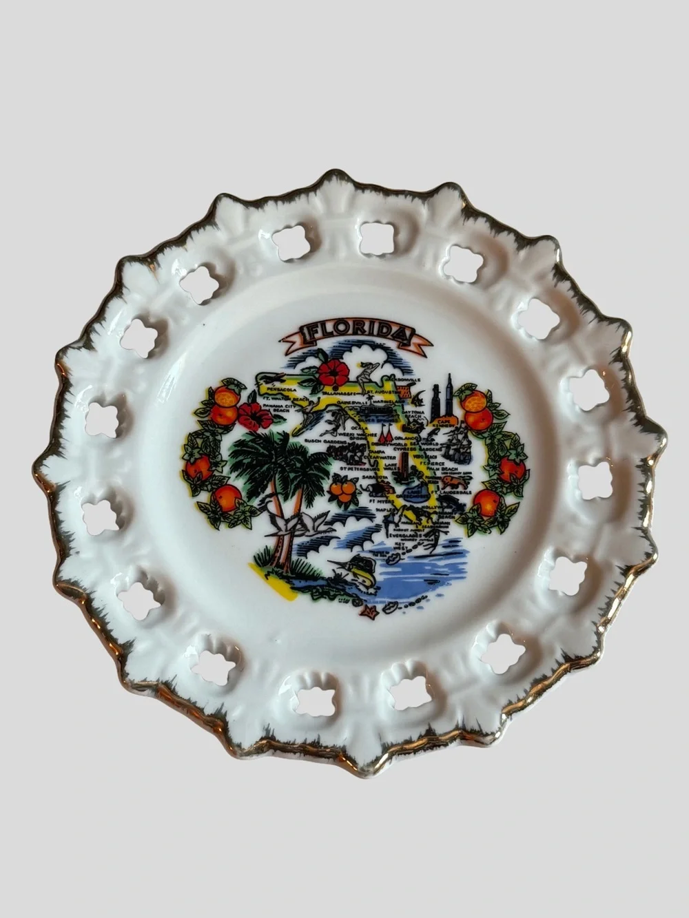 Vintage Florida Decorative Porcelain Hanging Plate with Gold Trim