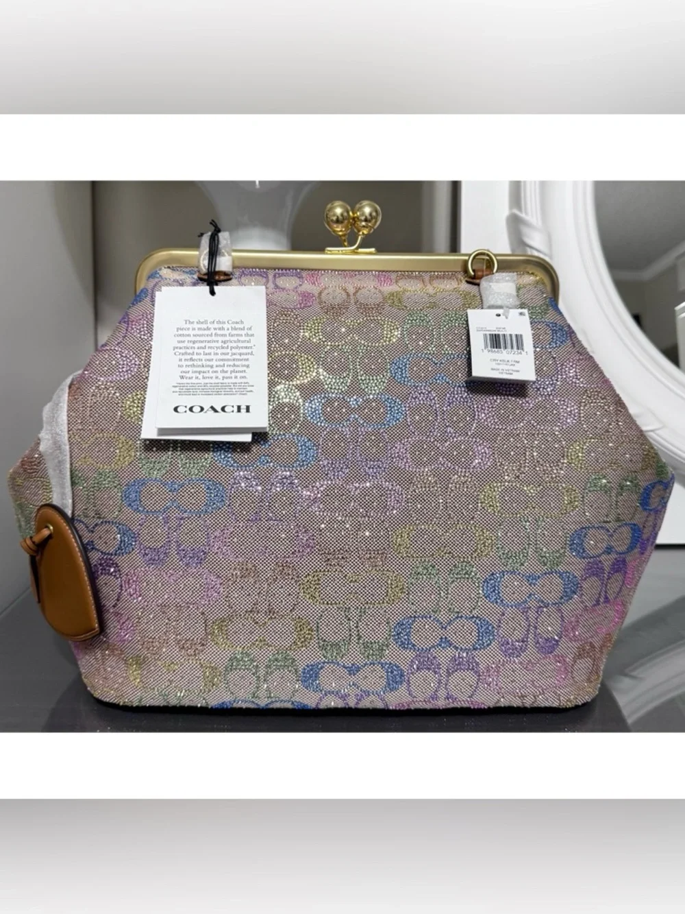 COACH Large Kisslock Frame Bag- RAINBOW Crystal Signature Jacquard