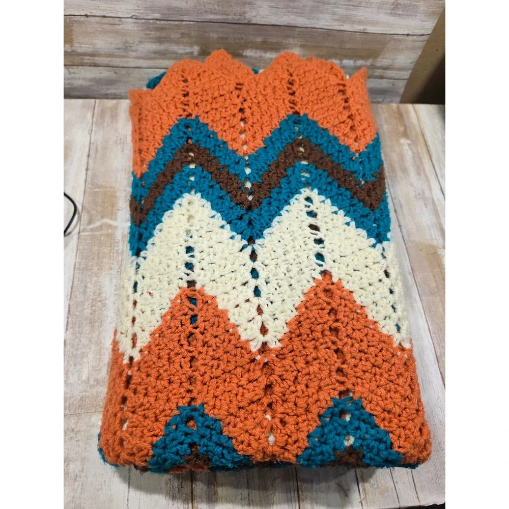 Vintage Handmade Crochet Afghan Blanket Orange Teal Brown Chevron Ripple 43x83